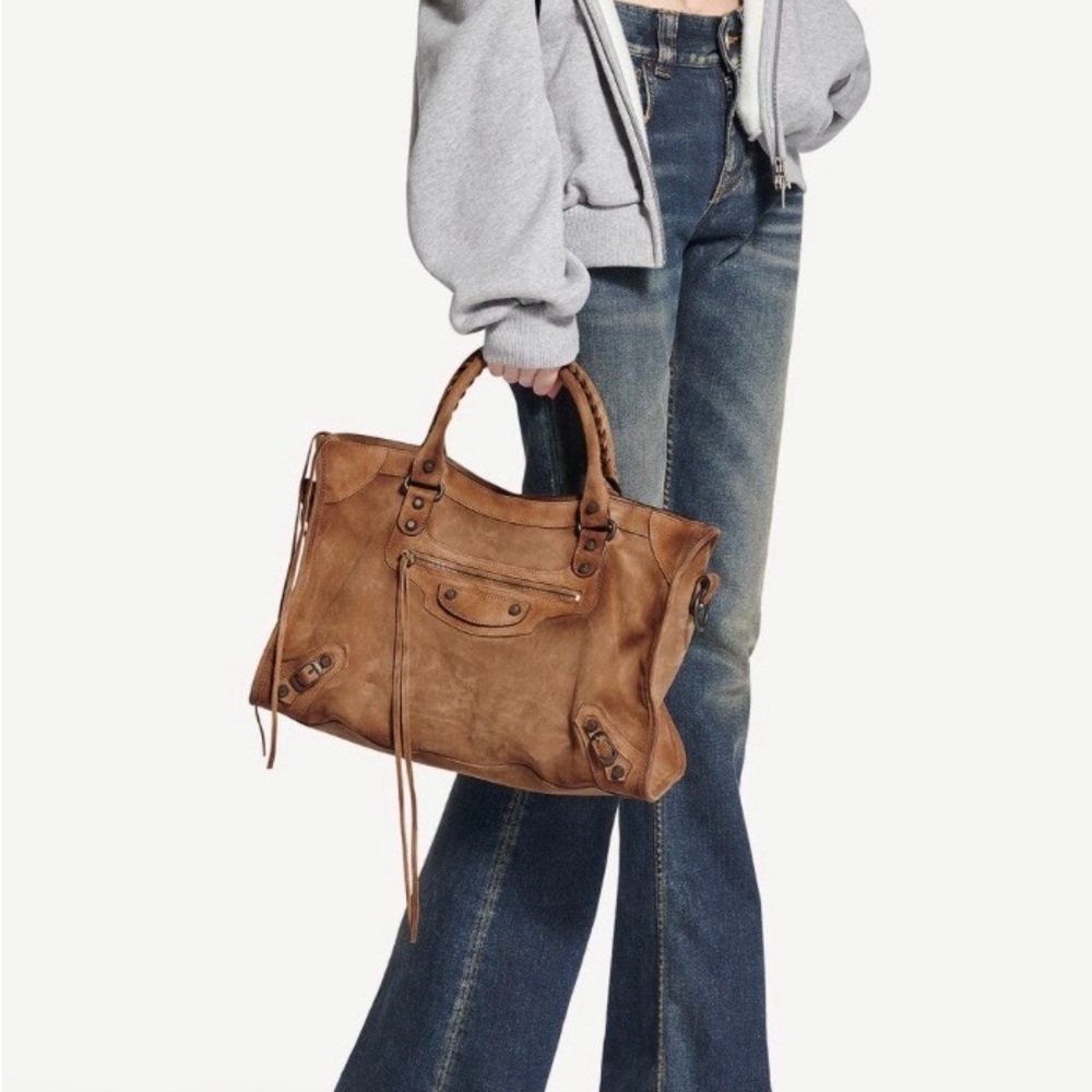 Balenciaga Camel Brown Suede Le City Medium Leather Tote Bag